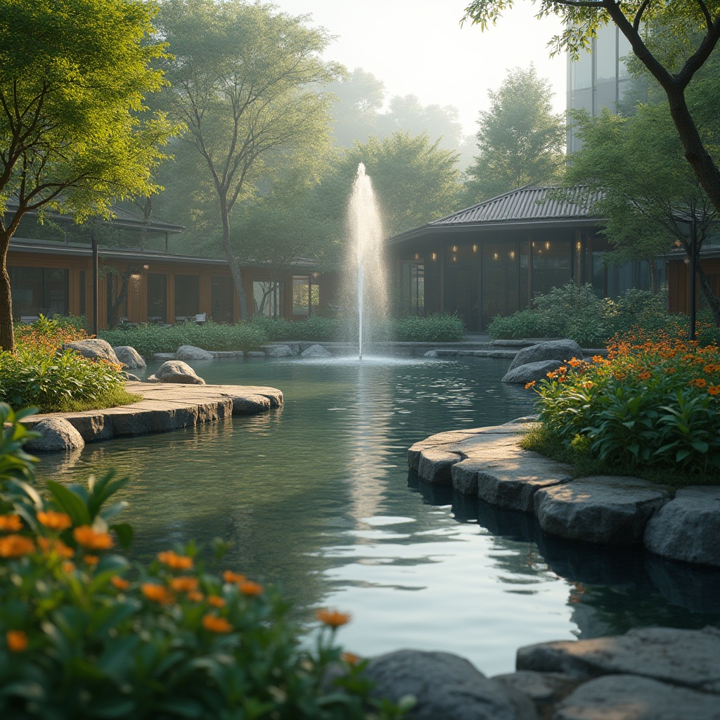 Prompt: Soothing fountain, serene pond, tranquil waterfall, lush greenery, vibrant flowers, natural stone edges, wooden dock, calm ripples, misty atmosphere, soft warm lighting, shallow depth of field, 3/4 composition, panoramic view, realistic textures, ambient occlusion, modern architecture, sleek glass buildings, minimalist design, sustainable energy solutions, eco-friendly materials, innovative cooling technologies, shaded outdoor spaces.