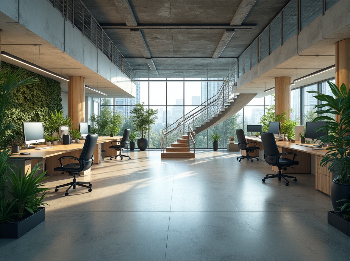 Prompt: Optimized office layout, open-plan workspace, minimal partitions, curved walkways, sleek metal handrails, polished concrete floors, ample natural light, floor-to-ceiling windows, collaborative workstations, ergonomic chairs, adjustable desks, green walls, air-purifying plants, calm atmosphere, soft indirect lighting, shallow depth of field, 2/3 composition, panoramic view, realistic textures, ambient occlusion.