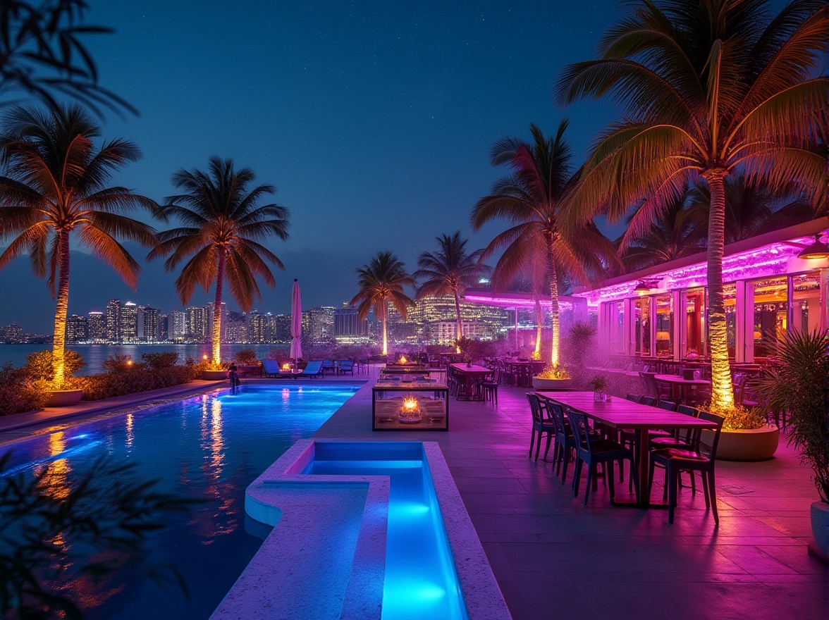 Prompt: Lakefront nightclubs, luxurious outdoor decks, LED lighting systems, neon-lit dance floors, waterfront views, misting systems, fire pits, lounge seating areas, tropical plants, palm trees, reflective pools, ambient music, warm summer nights, starry skies, soft breeze, 1/1 composition, shallow depth of field, vibrant colorful textures.