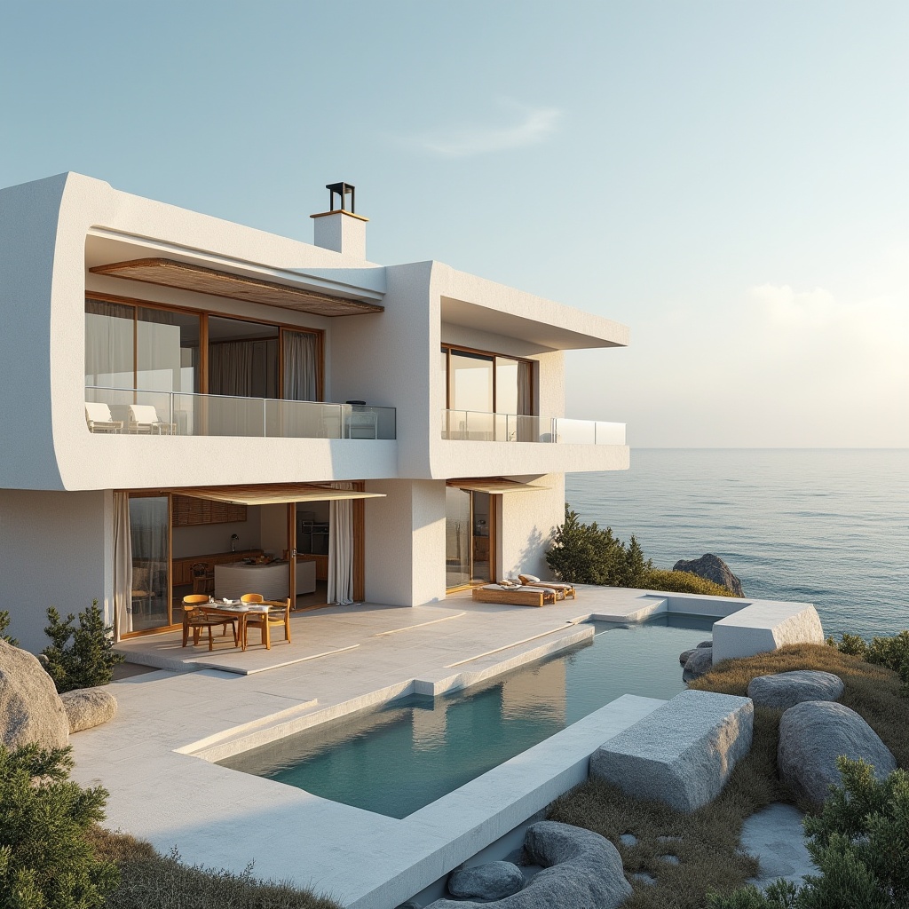 Prompt: Coastal villa, oceanfront views, large windows, natural ventilation systems, operable louvers, clerestory windows, solar chimneys, windcatchers, shading devices, overhanging roofs, curved lines, modern minimalist design, white stucco walls, wooden accents, nautical theme, beachy atmosphere, salty air, sea breeze, warm sunlight, soft shadows, 1/1 composition, atmospheric perspective, realistic textures, subtle ambient occlusion.