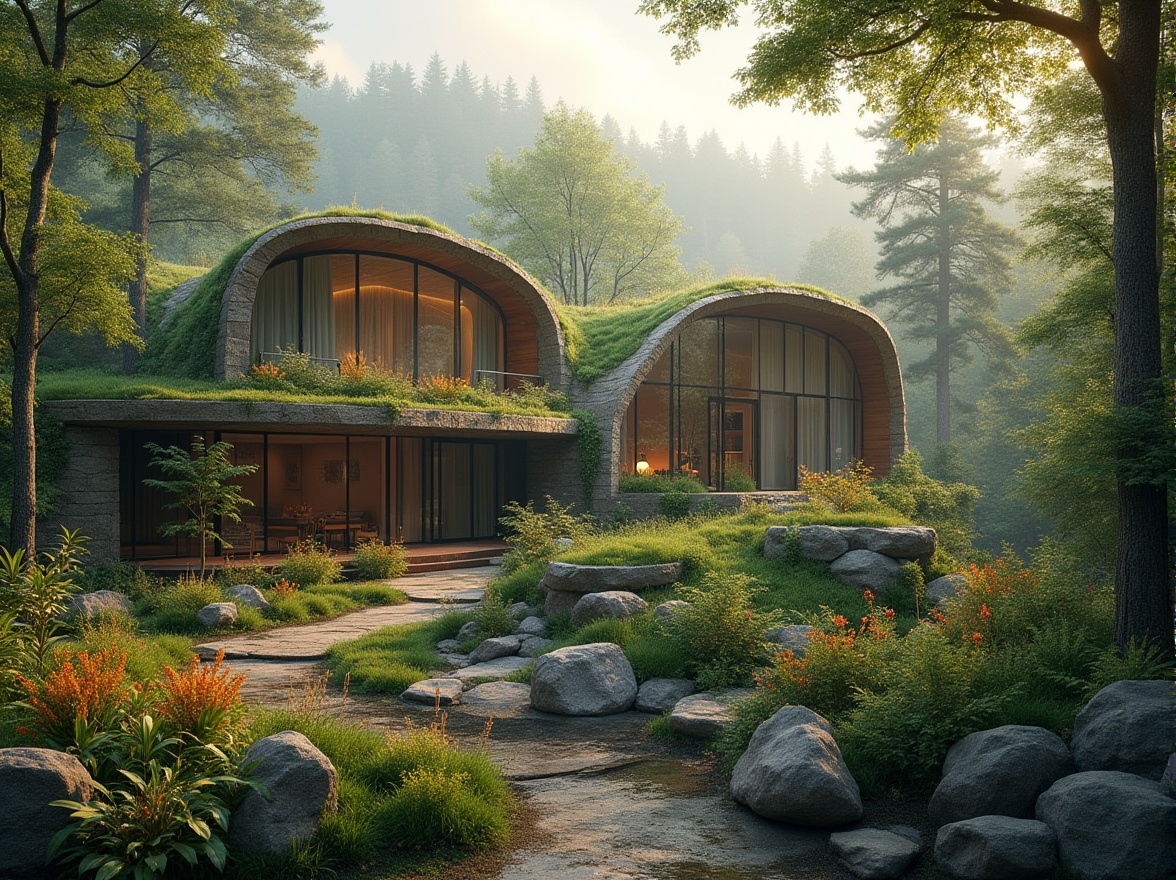 Prompt: Seamless landscape integration, harmonious blending of architecture and nature, curved organic lines, sustainable eco-friendly materials, lush green roofs, living walls, natural stone fa\u00e7ades, wooden accents, floor-to-ceiling windows, panoramic views, soft warm lighting, misty morning atmosphere, serene forest surroundings, gentle water features, meandering walking paths, vibrant wildflowers, rustling leaves, 3/4 composition, realistic textures, ambient occlusion.