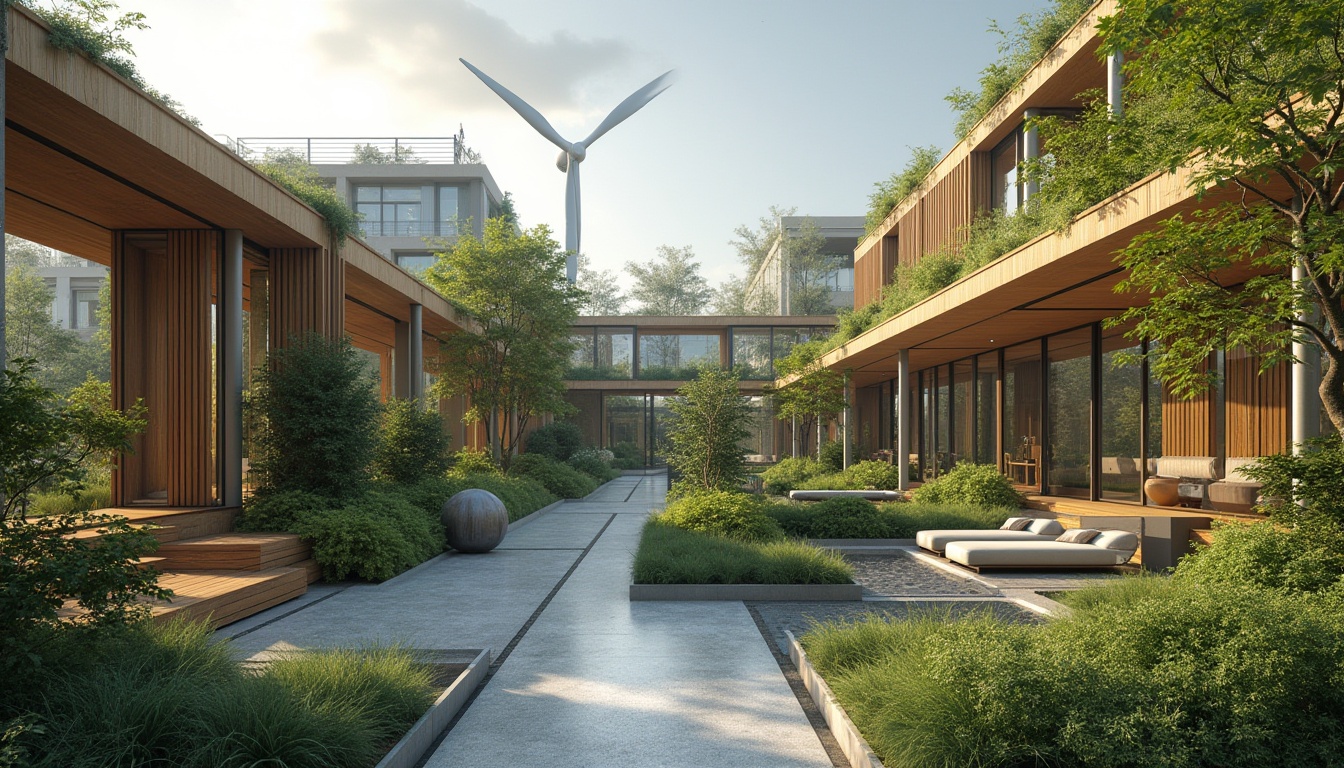 Prompt: Eco-friendly buildings, recycled materials, low-carbon footprint, green roofs, solar panels, wind turbines, rainwater harvesting systems, bamboo structures, reclaimed wood accents, energy-efficient windows, double glazing, thermal insulation, natural ventilation, living walls, urban gardens, vibrant greenery, modern minimalist design, industrial chic aesthetic, exposed ductwork, polished concrete floors, warm ambient lighting, shallow depth of field, 3/4 composition, panoramic view.