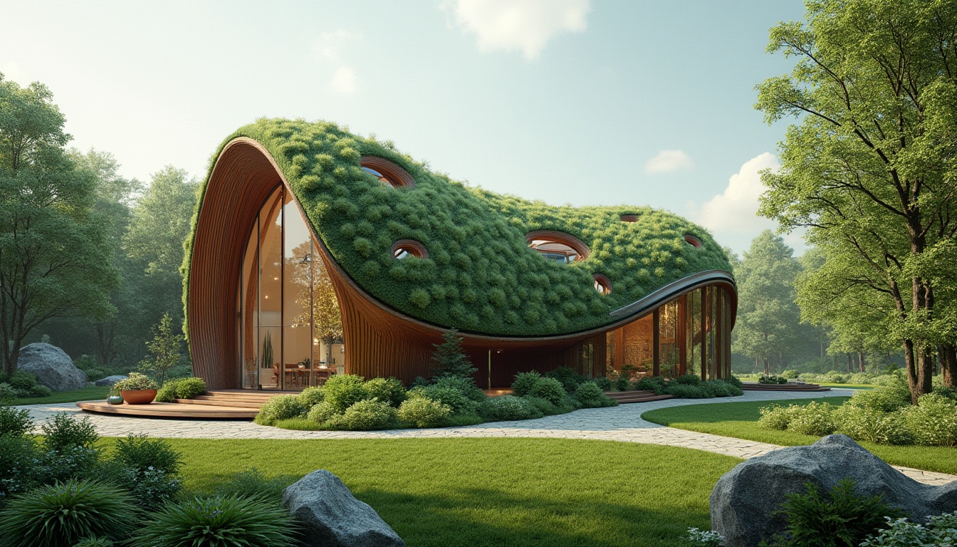 Prompt: Eco-friendly blob-shaped church, verdant green roof, solar panels, rainwater harvesting system, recycled metal cladding, natural stone foundation, curved wooden beams, stained glass windows, ambient soft lighting, serene atmosphere, minimal carbon footprint, innovative insulation systems, living walls, bio-inspired architecture, futuristic design, vibrant colorful accents, intricate patterns, 3D printed decorative elements, shallow depth of field, panoramic view, realistic textures.