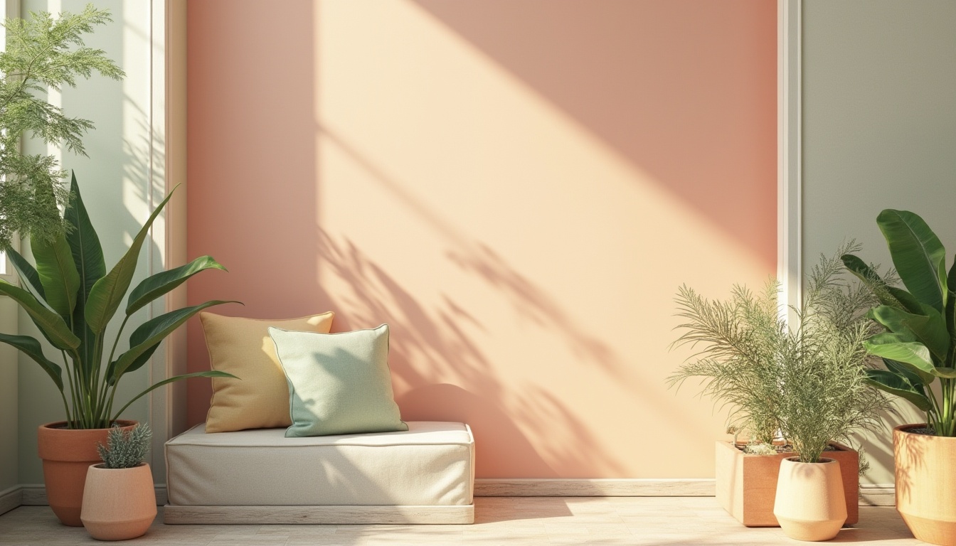 Prompt: Pastel-hued harmony, soft peach tones, calming mint greens, creamy whites, rich wood accents, natural linen textures, organic shapes, earthy terracotta pots, lush greenery, warm golden lighting, shallow depth of field, 2/3 composition, serene atmosphere, realistic materials, subtle gradient effects.