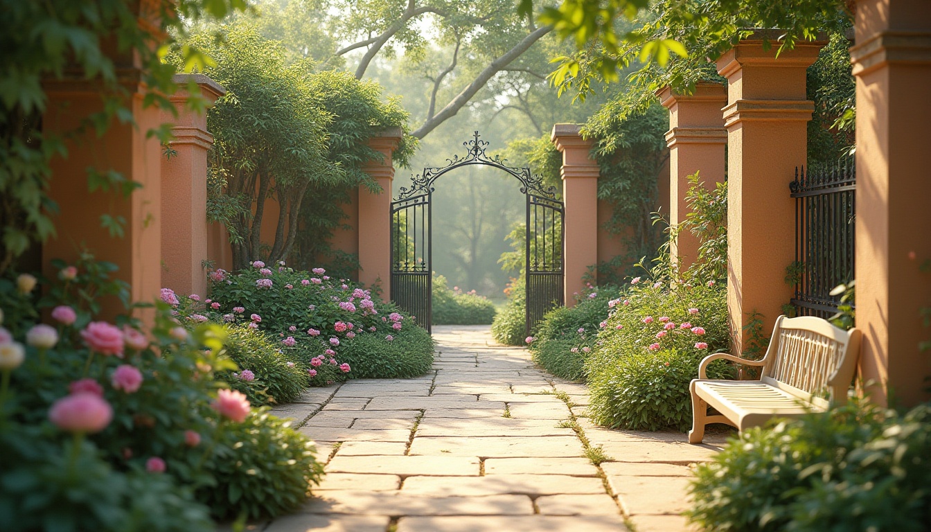 Prompt: Vibrant botanical garden, lush greenery, pastel flowers, soft peach walls, warm beige pathways, natural stone benches, ornate metal gates, serene water features, gentle misting system, soft warm lighting, shallow depth of field, 1/1 composition, intimate close-up shots, realistic textures, ambient occlusion.