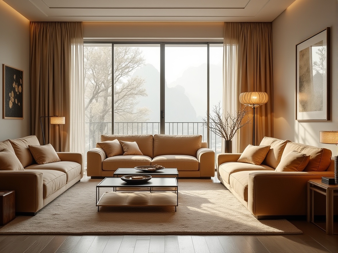 Prompt: Luxurious living room, plush velvet sofas, soft silk throw pillows, warm beige carpets, natural wood coffee tables, sleek metal lamps, modern minimalist decor, bright floor-to-ceiling windows, gentle diffused lighting, 1/1 composition, intimate atmosphere, realistic fabric textures, ambient occlusion.