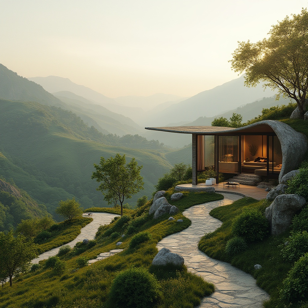 Prompt: Harmonious landscape blending, rolling hills, lush greenery, meandering pathways, natural stone walls, earthy tones, organic forms, curved lines, minimalist architecture, large windows, sliding glass doors, cantilevered roofs, panoramic views, seamless transitions, blurred boundaries, soft warm lighting, atmospheric perspective, 1/1 composition, symmetrical balance, realistic textures, ambient occlusion.