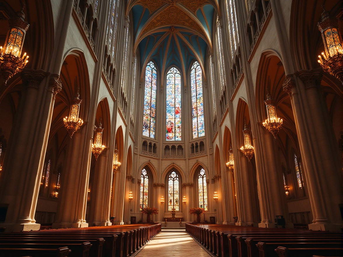 Prompt: Majestic cathedral, stained glass windows, vibrant jewel-toned colors, golden accents, ornate details, grandiose architecture, sacred ambiance, heavenly light, dramatic shadows, rich wood tones, cream-colored stone walls, intricate frescoes, solemn atmosphere, warm candlelight, soft diffused lighting, 1/2 composition, low-angle shot, symmetrical framing, realistic textures, ambient occlusion.