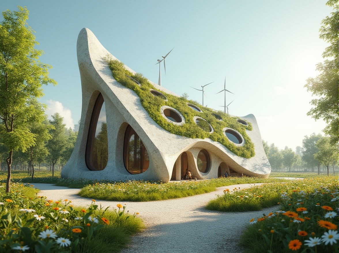 Prompt: Eco-friendly Blobitecture church, undulating organic shapes, natural stone fa\u00e7ade, green roofs, solar panels, wind turbines, rainwater harvesting systems, recycled materials, minimalist interior design, abundant natural light, soft warm lighting, shallow depth of field, 3/4 composition, panoramic view, realistic textures, ambient occlusion, serene atmosphere, peaceful ambiance, lush greenery, vibrant flowers, blooming trees, sunny day.