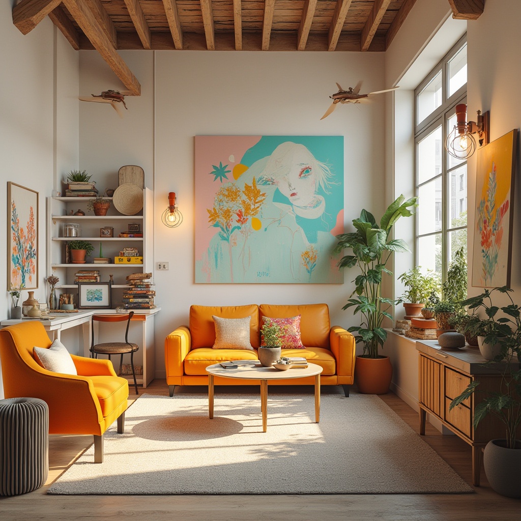 Prompt: Vibrant art studio, eclectic furniture, bold color blocking, pastel accents, creamy whites, rich wood tones, metallic sheen, modern abstract art, trendy geometric patterns, natural textiles, cozy ambiance, warm task lighting, shallow depth of field, 1/1 composition, realistic rendering, ambient occlusion.