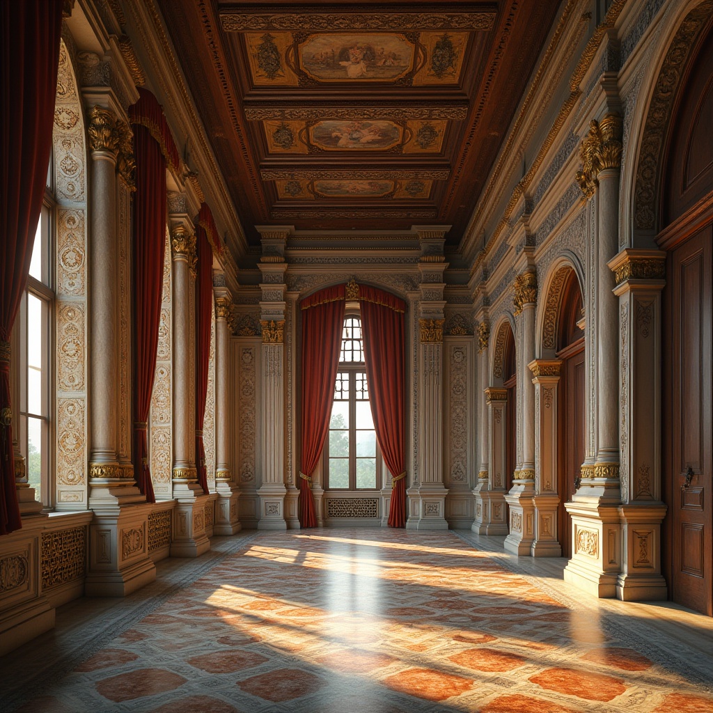 Prompt: Renaissance-style buildings, ornate stone carvings, intricately patterned marble floors, rustic wooden beams, weathered brick facades, grandiose columns, ornamental metalwork, lavish velvet drapes, richly embroidered tapestries, fresco-adorned ceilings, warm golden lighting, soft diffused shadows, 1/2 composition, symmetrical framing, detailed textures, ambient occlusion.