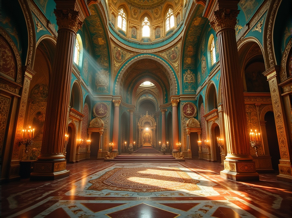 Prompt: Golden domes, ornate crosses, rich mosaics, intricate stone carvings, vibrant turquoise, emerald green, ruby red, amber yellow, majestic arches, grandiose columns, opulent marble floors, lavish frescoes, regal thrones, mystical iconography, warm candlelight, soft ambient glow, dramatic chiaroscuro, cinematic composition, ornate Byzantine patterns, luxurious fabrics, precious jewels.