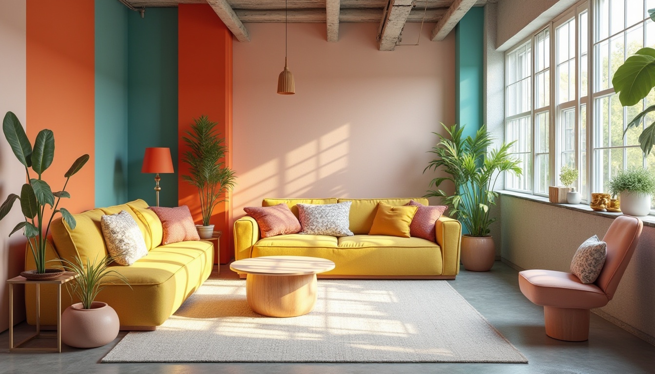 Prompt: Vibrant modern interior, trendy color scheme, pastel hues, bold accents, sleek furniture, minimalist decor, natural textiles, industrial-chic lighting, urban loft atmosphere, bright sunny day, shallow depth of field, 1/1 composition, soft warm lighting, realistic shadows, ambient occlusion.