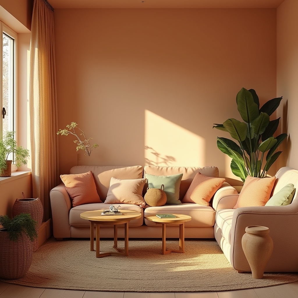 Prompt: Warm peach-colored walls, soft golden lighting, cozy living room, plush velvet sofas, rustic wooden coffee tables, woven wicker baskets, vintage ceramic vases, distressed denim upholstery, natural fiber rugs, earthy terracotta pots, lush greenery, sunny afternoon, shallow depth of field, 1/1 composition, realistic textures, ambient occlusion.