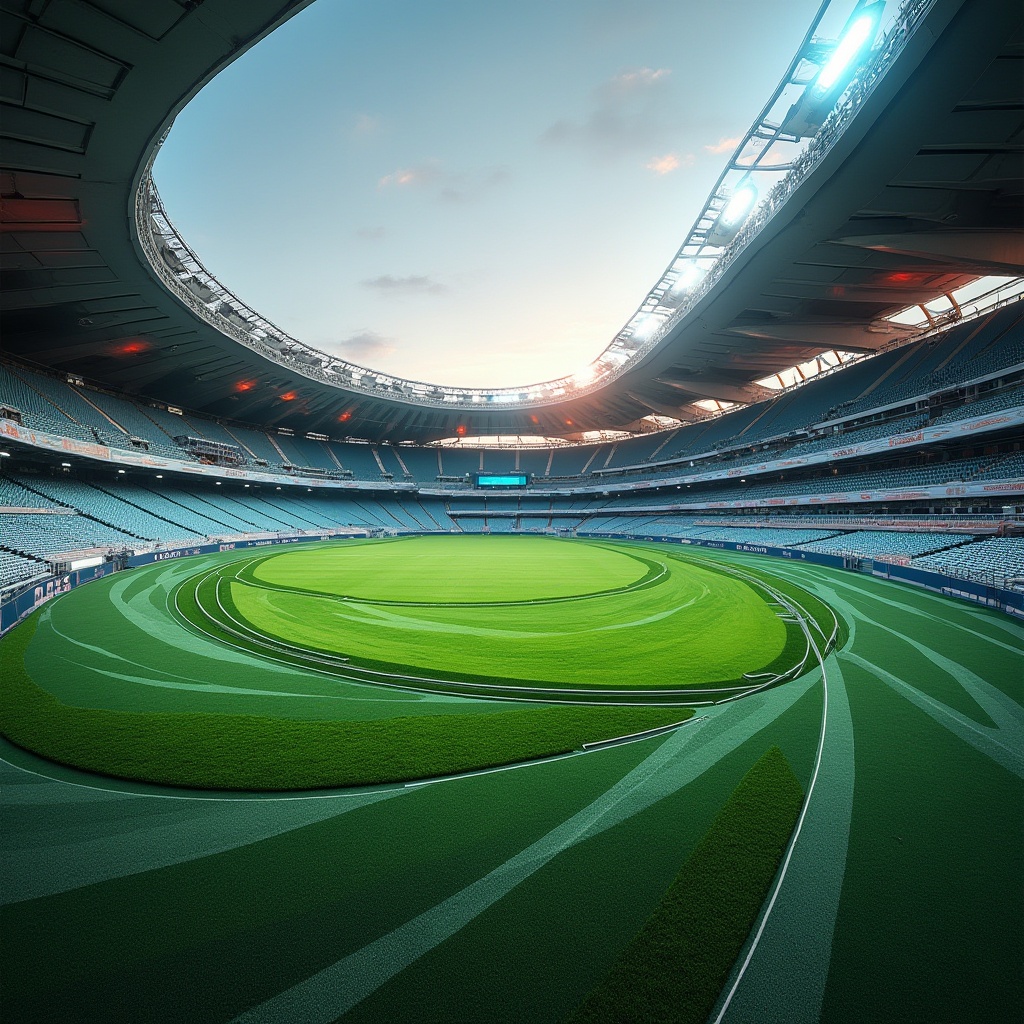 Prompt: Undulating sports tracks, organic curvatures, vibrant green grass, dynamic stadium architecture, sweeping arches, fluidic lines, futuristic materials, metallic accents, bold color schemes, dramatic spotlights, evening atmosphere, shallow depth of field, 2/3 composition, panoramic view, realistic textures, ambient occlusion.