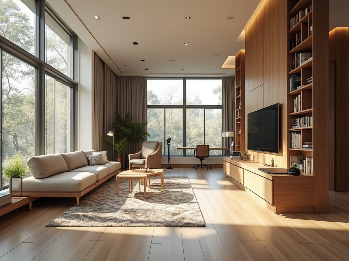 Prompt: Functional modern living room, sleek minimalist furniture, neutral color palette, polished hardwood floors, floor-to-ceiling windows, natural lighting, cozy reading nook, built-in shelving units, geometric patterned rugs, comfortable seating areas, task-oriented workstations, ergonomic office chairs, ample storage cabinets, soft warm ambiance, 1/1 composition, realistic textures, subtle shadows, morning sunlight.