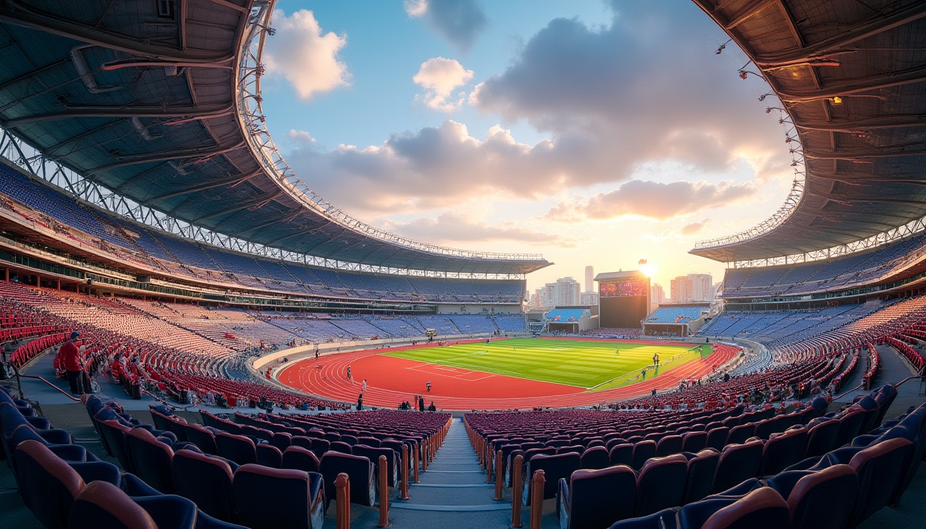 Prompt: Grandstand seating, cantilevered roofs, steel trusses, ribbed concrete columns, reinforced arches, vibrant team colors, dynamic LED lighting, transparent glass fa\u00e7ades, angular modern design, sweeping curved lines, open-air concourses, elevated walkways, spectator ramps, athletic track surfaces, grassy football fields, scoreboards, giant video screens, urban cityscape backdrop, warm sunny day, dramatic shadows, high-contrast highlights, shallow depth of field, 2/3 composition, symmetrical framing.