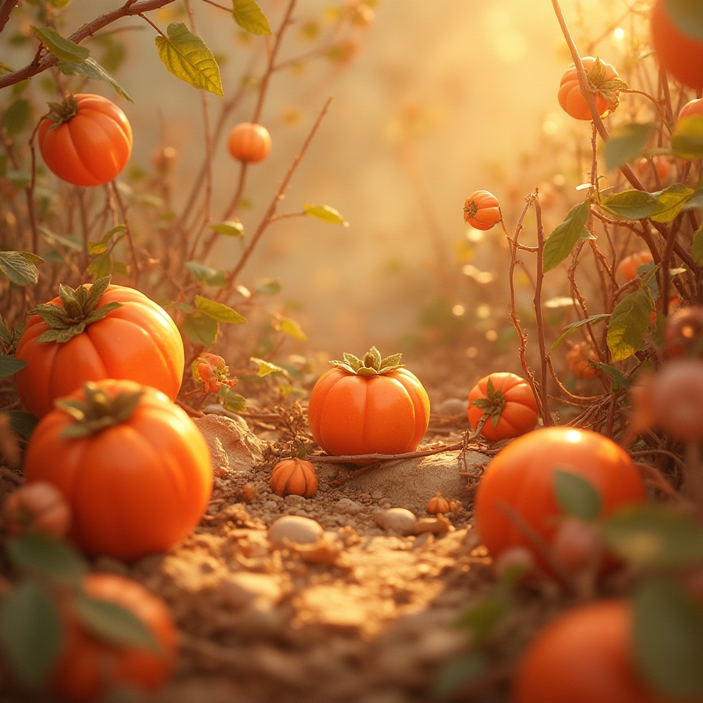 Prompt: Vibrant persimmon oranges, warm golden hues, rich terracotta reds, earthy sienna tones, creamy whites, soft peach accents, natural textures, organic shapes, botanical patterns, lush greenery, whimsical illustrations, fantastical creatures, mystical auras, dreamy atmospheres, soft focus, shallow depth of field, 1/2 composition, warm lighting, gentle shadows.