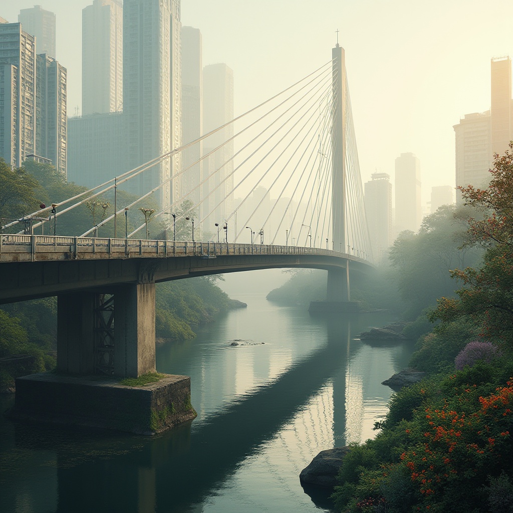 Prompt: Elegant vehicular bridges, sleek metallic structures, suspension cables, modernist architectural style, urban cityscape, misty morning atmosphere, soft warm lighting, shallow depth of field, 3/4 composition, symmetrical reflection, calm river waters, lush greenery, vibrant flowers, educational institution backgrounds, concrete piers, steel beams, rustic stone foundations, intricate rivet details, vintage lamp posts, atmospheric fog effects, cinematic color grading.