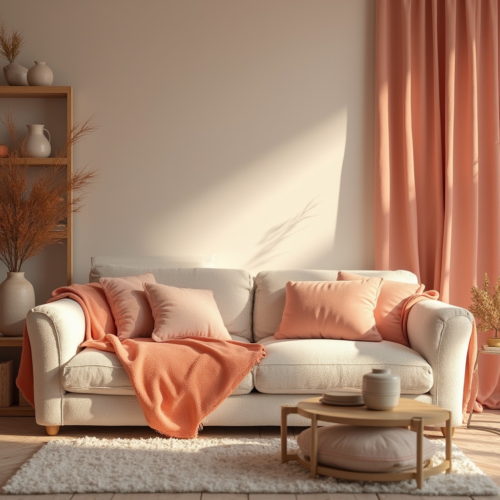 Prompt: Warm peach tones, soft blush hues, gentle coral shades, rustic terracotta accents, creamy white textures, natural wood elements, cozy living room setting, plush throw pillows, vintage decorative items, afternoon warm lighting, shallow depth of field, 1/1 composition, intimate atmosphere, realistic fabric rendering.