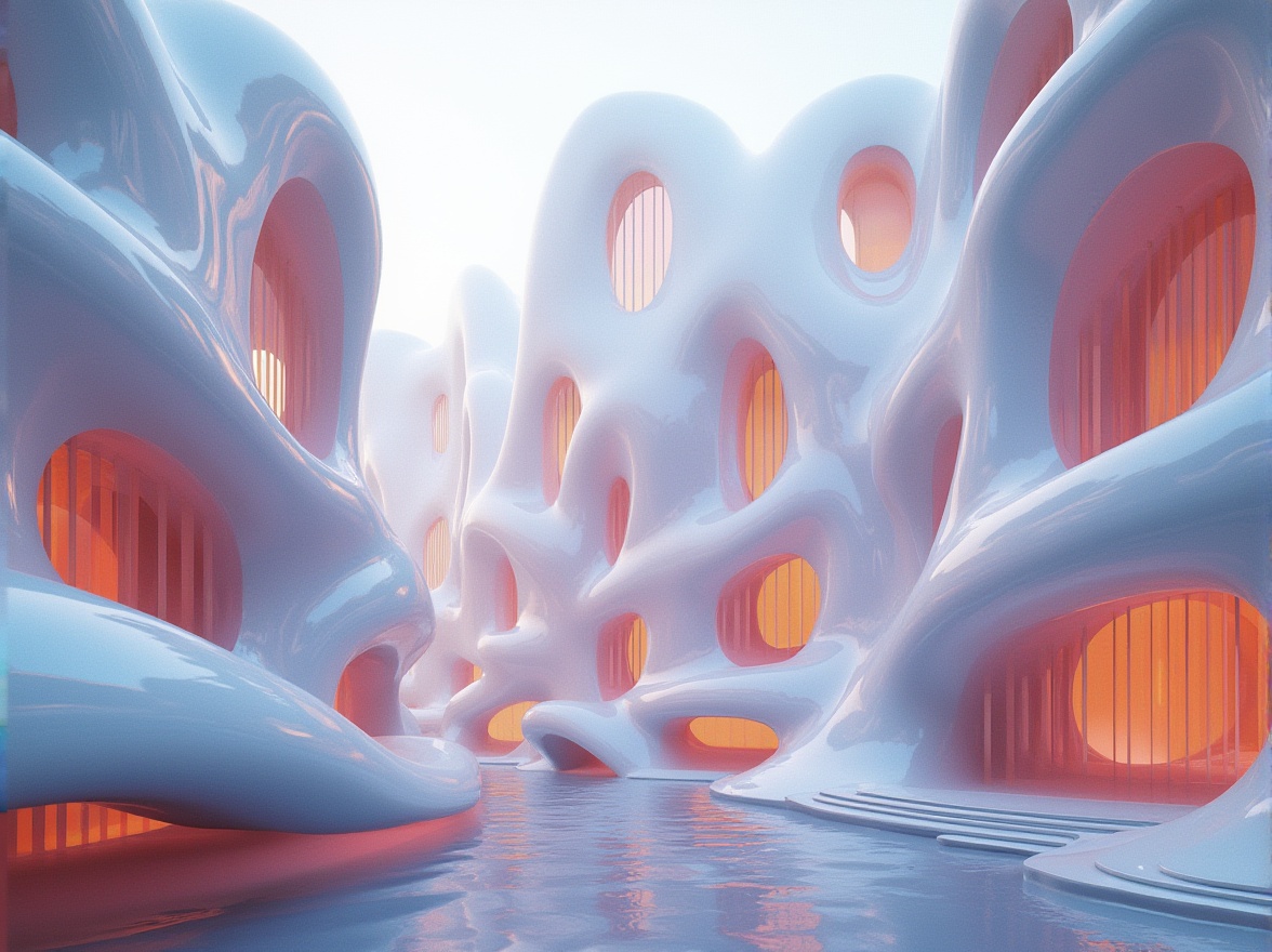 Prompt: Organic buildings, flowing curves, undulating lines, futuristic design, iridescent colors, shimmering materials, reflective surfaces, spherical structures, elliptical arches, wavy patterns, gradient textures, soft ambient lighting, misty atmosphere, 3/4 composition, panoramic view, realistic renderings, ambient occlusion.