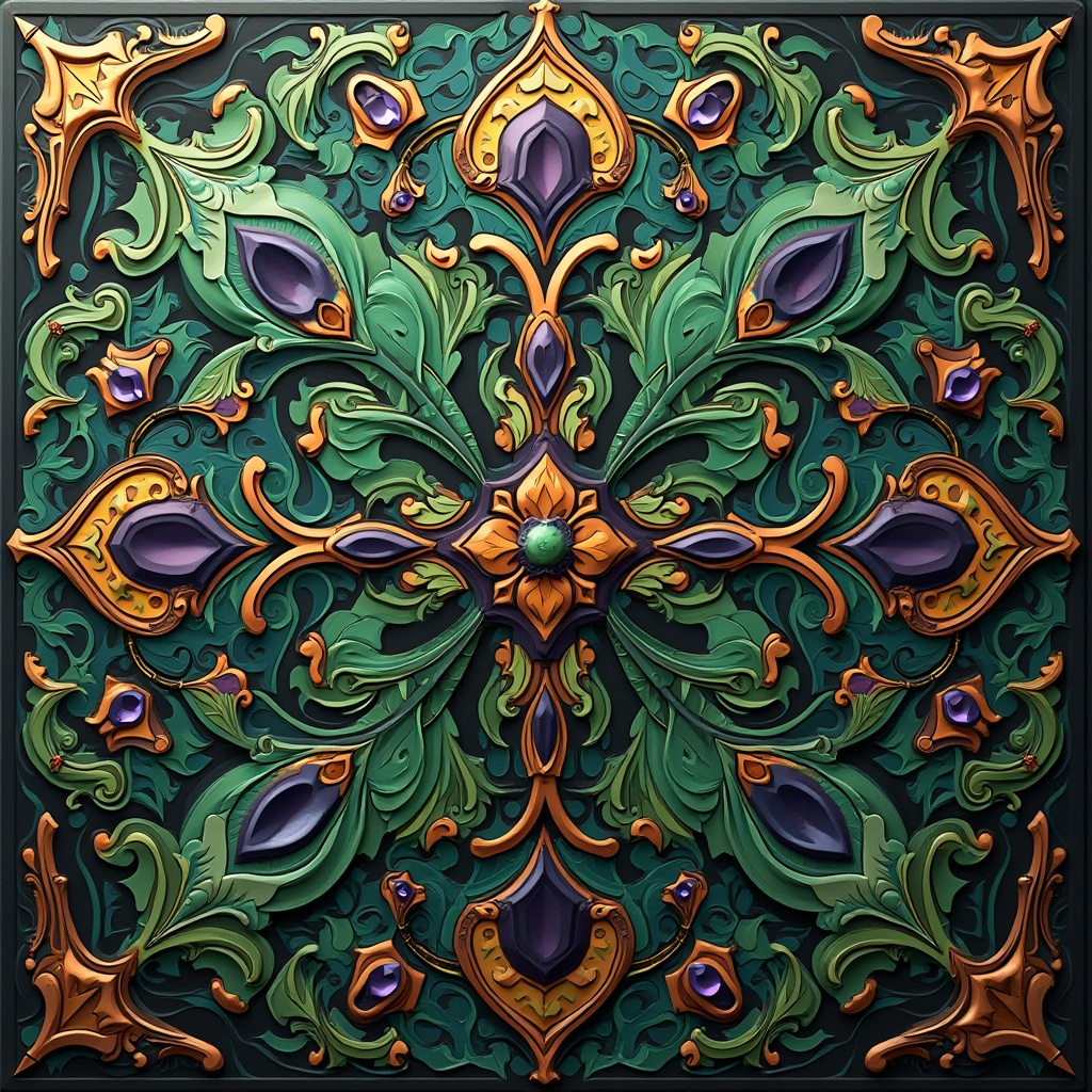 Prompt: Intricate Art Nouveau pattern, flowing organic curves, lavish ornate details, rich jewel-toned colors, emerald green, sapphire blue, amethyst purple, golden yellow, copper accents, subtle gradient effects, soft warm lighting, shallow depth of field, 1/1 composition, realistic textures, ambient occlusion.