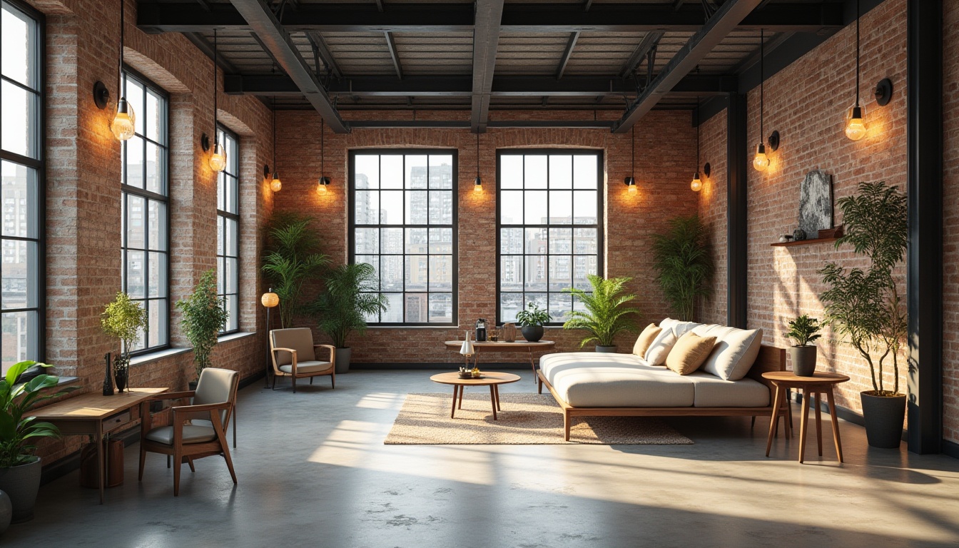 Prompt: Industrial-chic interior, exposed brick walls, metal beams, reclaimed wood accents, polished concrete floors, minimalist decor, modern lighting fixtures, functional shelving units, ergonomic furniture, neutral color palette, natural textiles, abundant sunlight, soft shadows, 3/4 composition, symmetrical framing, warm ambient glow, subtle grain textures.