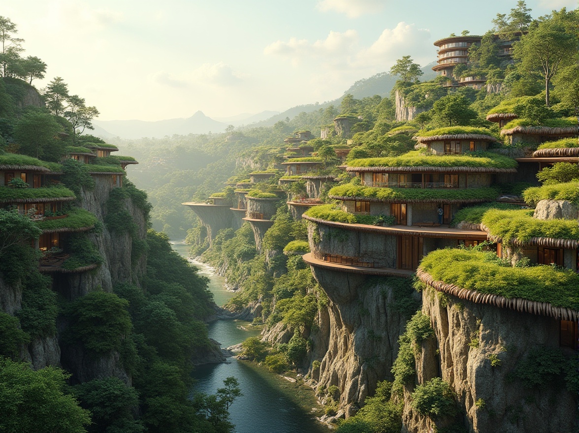 Prompt: Harmonious landscape integration, lush green roofs, native plant species, curved building lines, natural stone walls, wooden accents, cantilevered structures, panoramic views, seamless transitions, blurred boundaries, organic architecture, earthy color palette, soft warm lighting, atmospheric perspective, 1/1 composition, symmetrical balance, realistic textures, ambient occlusion.