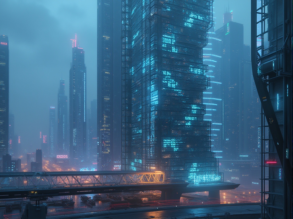 Prompt: Futuristic skyscraper facade, iridescent glass panels, LED light installations, angular metallic frames, parametric architecture, holographic advertisements, neon-lit cityscape, misty evening atmosphere, shallow depth of field, 1/1 composition, wide-angle lens, high-contrast lighting, photorealistic textures, ambient occlusion, cyberpunk-inspired color scheme, dynamic pattern projections, sleek minimalist design.