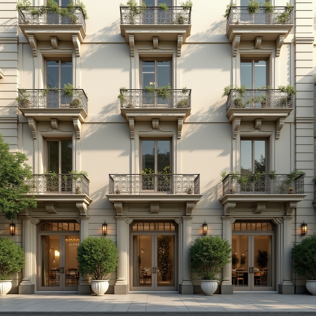 Prompt: Elegant building facade, ornate details, symmetrical composition, neutral color palette, creamy whites, soft grays, warm beige tones, large windows, sliding glass doors, Juliet balconies, ornamental railings, lush greenery, potted plants, outdoor seating areas, urban cityscape, morning sunlight, soft warm lighting, shallow depth of field, 3/4 composition, realistic textures, ambient occlusion.