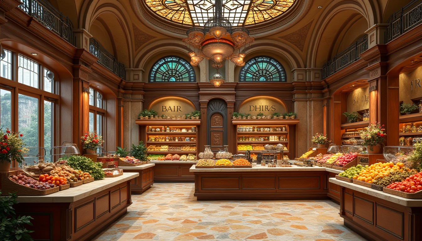 Prompt: Vibrant grocery store interior, Art Nouveau style, warm earthy tones, rich wood accents, ornate metalwork, flowing organic lines, luxurious marble countertops, decorative ceramic tiles, stained glass ceiling, warm golden lighting, soft focus, shallow depth of field, 1/2 composition, realistic textures, ambient occlusion, fresh produce stands, rustic wicker baskets, antique-style signage, elegant typography, distressed wood shelves, ornate mirrors, lavish flower arrangements.