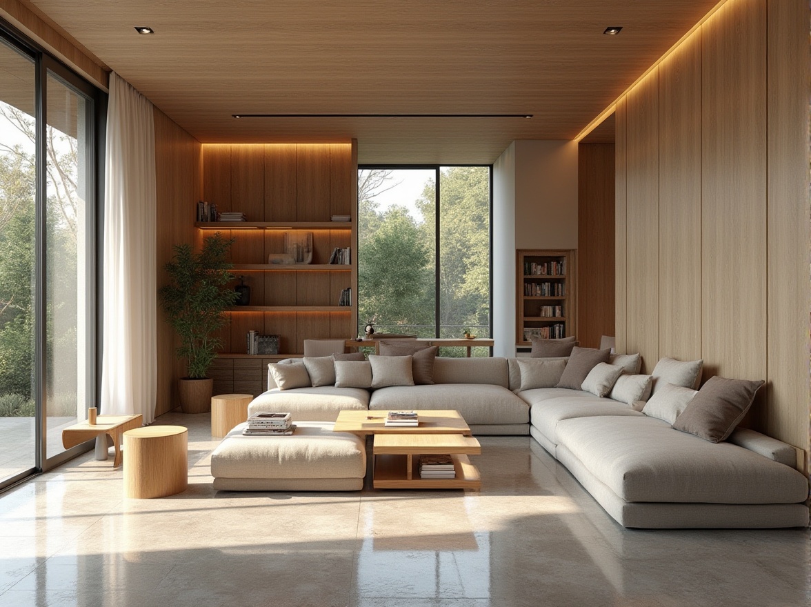 Prompt: Minimalist interior, open-plan living space, natural stone flooring, sleek wooden accents, floor-to-ceiling windows, abundant natural light, airy atmosphere, functional zones, efficient circulation paths, cozy reading nooks, built-in shelving, geometric-shaped furniture, neutral color palette, soft warm lighting, shallow depth of field, 3/4 composition, realistic textures, ambient occlusion.