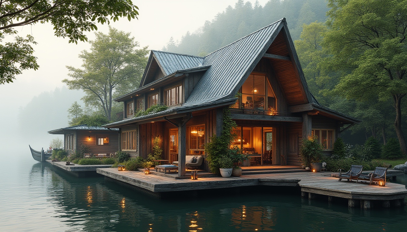 Prompt: Waterfront boathouse, eclectic architecture, reclaimed wood accents, corrugated metal roofing, vintage nautical decor, distressed finishes, natural textiles, earthy color palette, lush greenery, overhanging trees, serene lake views, misty morning atmosphere, soft warm lighting, shallow depth of field, 3/4 composition, realistic textures, ambient occlusion, eco-friendly materials, solar panels, rainwater harvesting systems, living roofs, innovative insulation technologies, natural ventilation systems, rustic wooden docks, sailboat-inspired design elements.