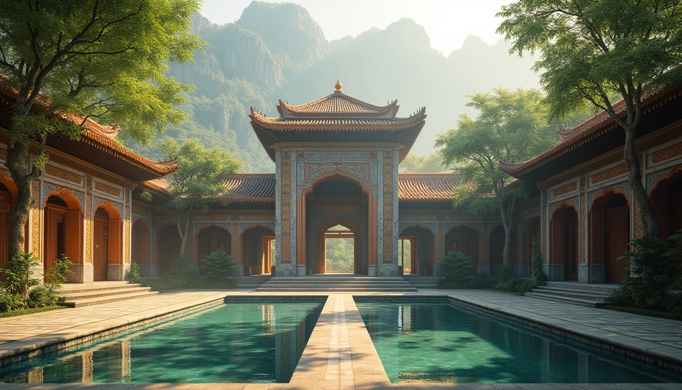 Prompt: Sacred temple, lush green courtyard, serene water features, intricately carved stone walls, vibrant tile work, majestic minarets, grand prayer halls, stained glass windows, natural stone flooring, ornate wooden doors, peaceful bamboo gardens, misty mountain backdrop, warm golden lighting, shallow depth of field, 1/1 composition, symmetrical architecture, realistic textures, ambient occlusion.