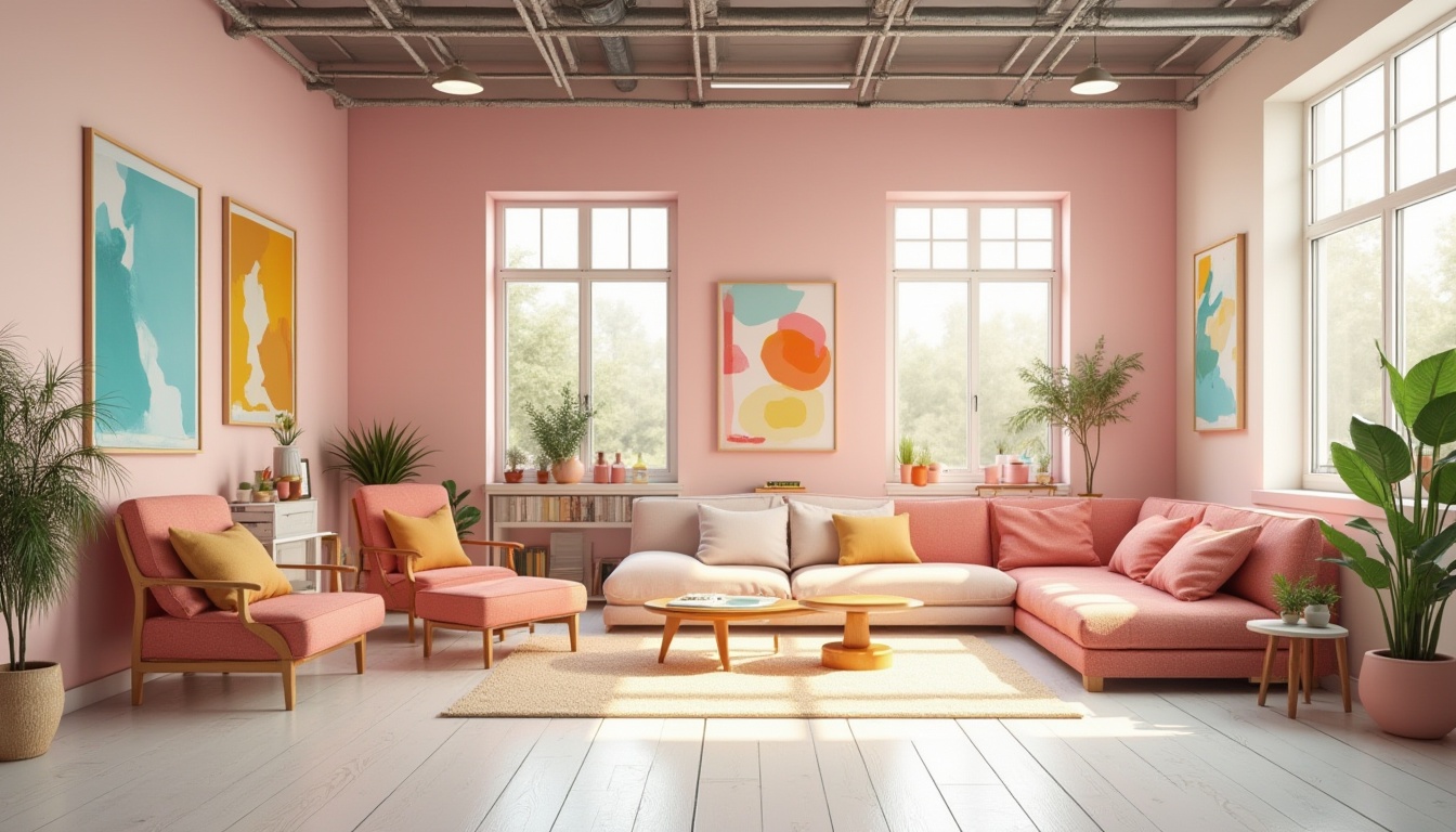 Prompt: Vibrant artistic studio, eclectic furniture arrangement, abstract geometric patterns, pastel color scheme, soft pink accent walls, creamy white floors, natural wood textures, industrial metal lighting, floor-to-ceiling windows, abundant natural light, warm atmospheric glow, shallow depth of field, 1/1 composition, realistic material rendering, ambient occlusion.