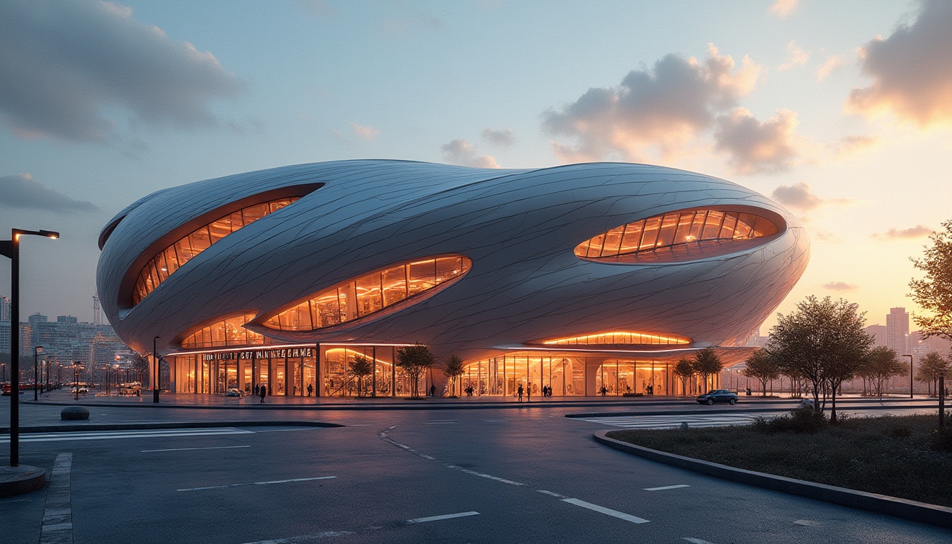 Prompt: Sleek stadium facade, dynamic curves, futuristic architecture, metallic cladding, LED lighting strips, angular lines, cantilevered roofs, grand entrance gates, modern signage, urban landscape, bustling city atmosphere, evening sunset, warm golden lighting, shallow depth of field, 1/2 composition, realistic reflections, ambient occlusion.