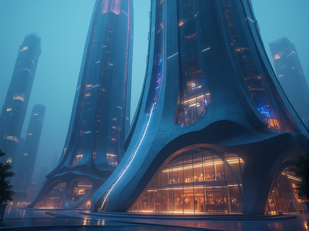 Prompt: Futuristic skyscraper facade, neon lights, metallic panels, holographic displays, translucent glass walls, angular lines, minimalist design, sleek curves, dynamic shapes, 3D geometric patterns, glowing LED accents, atmospheric misting systems, urban cityscape, twilight ambiance, soft focus blur, shallow depth of field, 1/1 composition, cinematic view, realistic reflections, ambient occlusion.