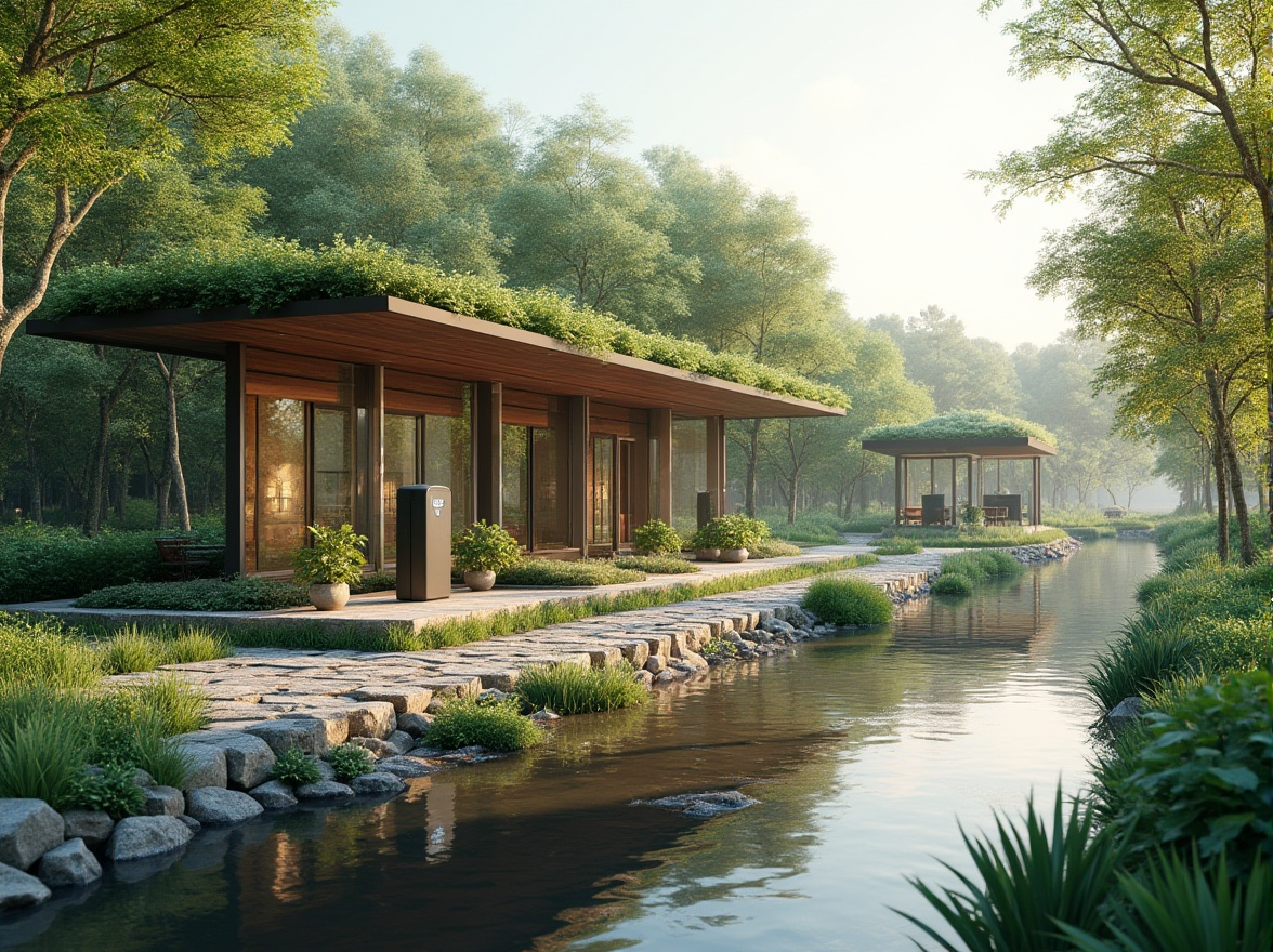 Prompt: Riverbank charging station, modern minimalist design, green roofs, solar panels, eco-friendly materials, natural stone walkways, lush vegetation, riparian plants, serene waterfront views, tranquil atmosphere, gentle river flow, soft warm lighting, shallow depth of field, 3/4 composition, panoramic view, realistic textures, ambient occlusion.