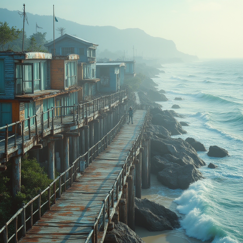 Prompt: Wave-battered coastline, weathered wooden docks, salt-sprayed beach houses, rusted metal railings, driftwood sculptures, sea-inspired color palette, ocean-blue glass facades, curved shell-shaped roofs, tidal-patterned flooring, wind-resistant structures, elevated foundations, flood-adaptive architecture, natural disaster mitigation systems, solar-powered seawalls, mangrove forest preservation, sandy shoreline restoration, beachfront promenades, coastal erosion protection, soft warm lighting, misty atmospheric effects, 3/4 composition, panoramic ocean views.