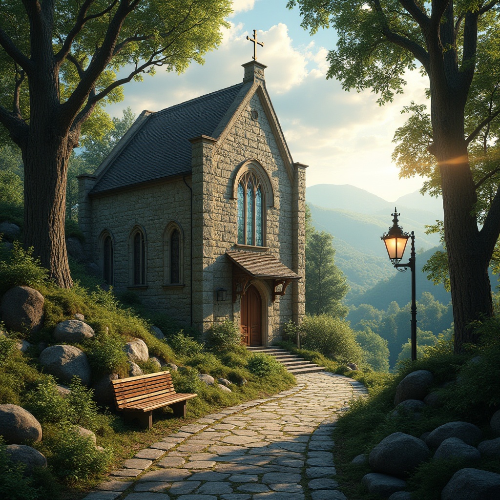 Prompt: Historic church, rustic stone fa\u00e7ade, stained glass windows, verdant surroundings, dense foliage, meandering pathways, natural rock formations, serene atmosphere, warm sunlight filtering through trees, soft diffused lighting, 3/4 composition, subtle color palette, earthy tones, moss-covered stones, wooden benches, lantern-style streetlights, quaint village setting, rolling hills, distant mountains, misty morning dew, peaceful ambiance.