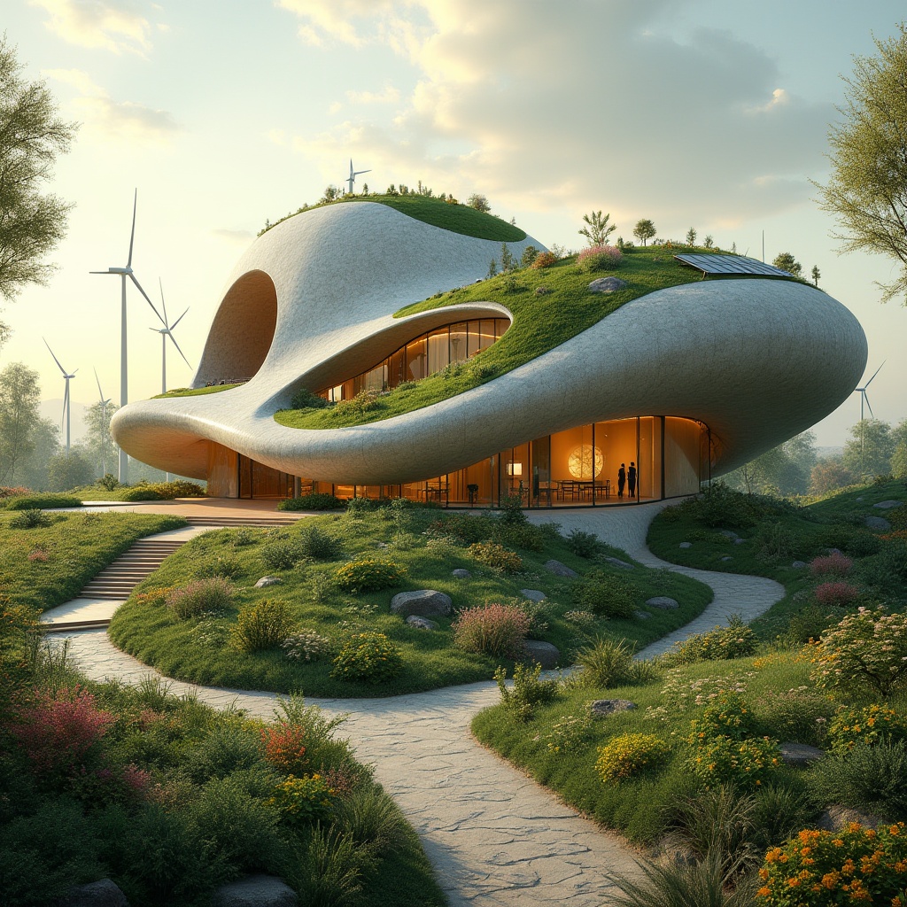 Prompt: Organic blob-shaped church, undulating curves, natural stone fa\u00e7ade, green roofs, living walls, rainwater harvesting systems, solar panels, wind turbines, eco-friendly materials, recyclable structures, minimal carbon footprint, serene atmosphere, soft warm lighting, shallow depth of field, 3/4 composition, panoramic view, realistic textures, ambient occlusion, lush greenery, vibrant flowers, peaceful ambiance.