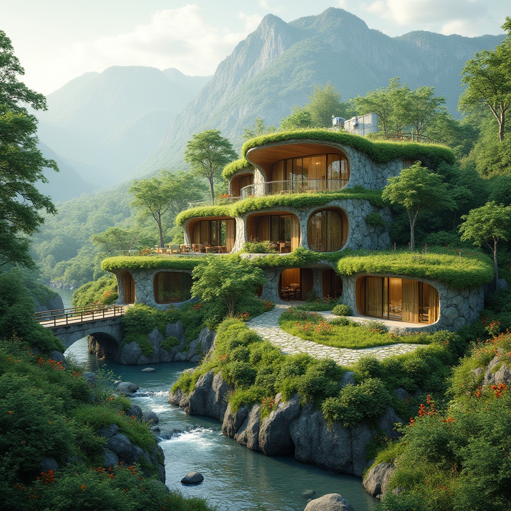 Prompt: Harmonious landscape integration, blending architecture with nature, lush green roofs, verdant walls, natural stone fa\u00e7ades, curved organic lines, eco-friendly materials, sustainable energy solutions, solar panels, wind turbines, water conservation systems, serene forest surroundings, misty mountainous backdrop, gentle streams, rustic wooden bridges, vibrant wildflowers, soft warm lighting, shallow depth of field, 3/4 composition, panoramic view, realistic textures, ambient occlusion.