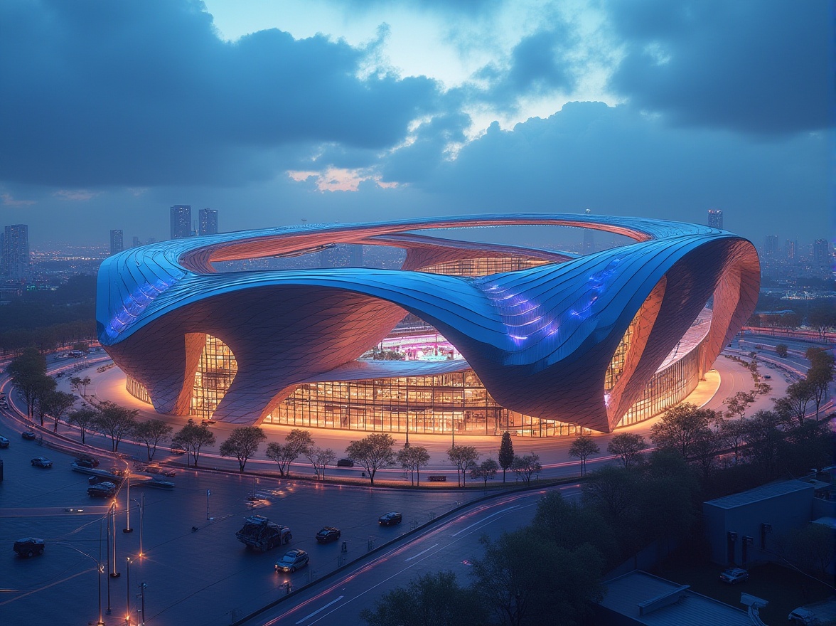 Prompt: Modern international stadium facade, sleek metallic curves, dynamic LED lighting, angular lines, minimalist design, cantilevered roofs, grand entrance archways, expansive glass walls, futuristic architecture, vibrant color schemes, geometric patterns, abstract shapes, urban cityscape background, cloudy sky, dramatic floodlights, high-angle shot, 1/2 composition, realistic reflections, ambient occlusion.