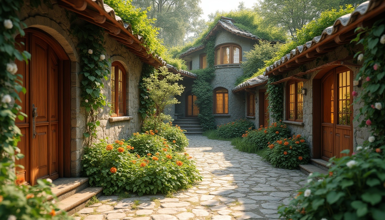 Prompt: Earthy tones, natural materials, wavy lines, fluid curves, blooming flowers, lush greenery, wooden accents, stone textures, moss-covered walls, vines crawling up buildings, rustic wooden doors, curved windows, soft diffused lighting, warm ambient glow, 3/4 composition, shallow depth of field, realistic renderings, subtle color palette, earthy aroma.