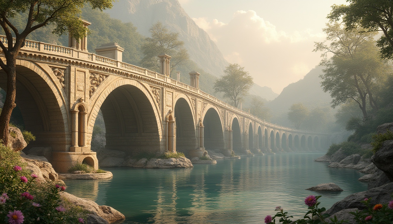 Prompt: Majestic bridge, classical arches, ornate balustrades, rusticated stone piers, grandiose columns, sweeping curves, symmetrical composition, richly textured stonework, warm beige tones, subtle lighting effects, misty atmosphere, serene river scenery, lush greenery, vibrant flowers, shallow depth of field, 3/4 composition, panoramic view, realistic textures, ambient occlusion.