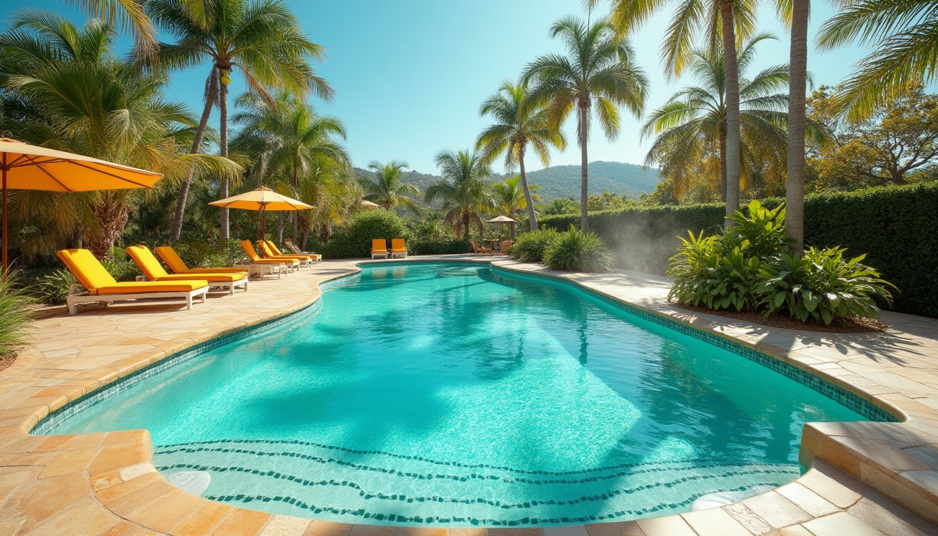 Prompt: Vibrant turquoise pool water, sun-kissed decking, warm beige coping stones, lush green surrounding landscape, tropical palm trees, bright yellow lounge chairs, refreshing misting system, cool shades of blue and green mosaic tiles, sparkling sunlight, shallow depth of field, 3/4 composition, panoramic view, realistic textures, ambient occlusion.