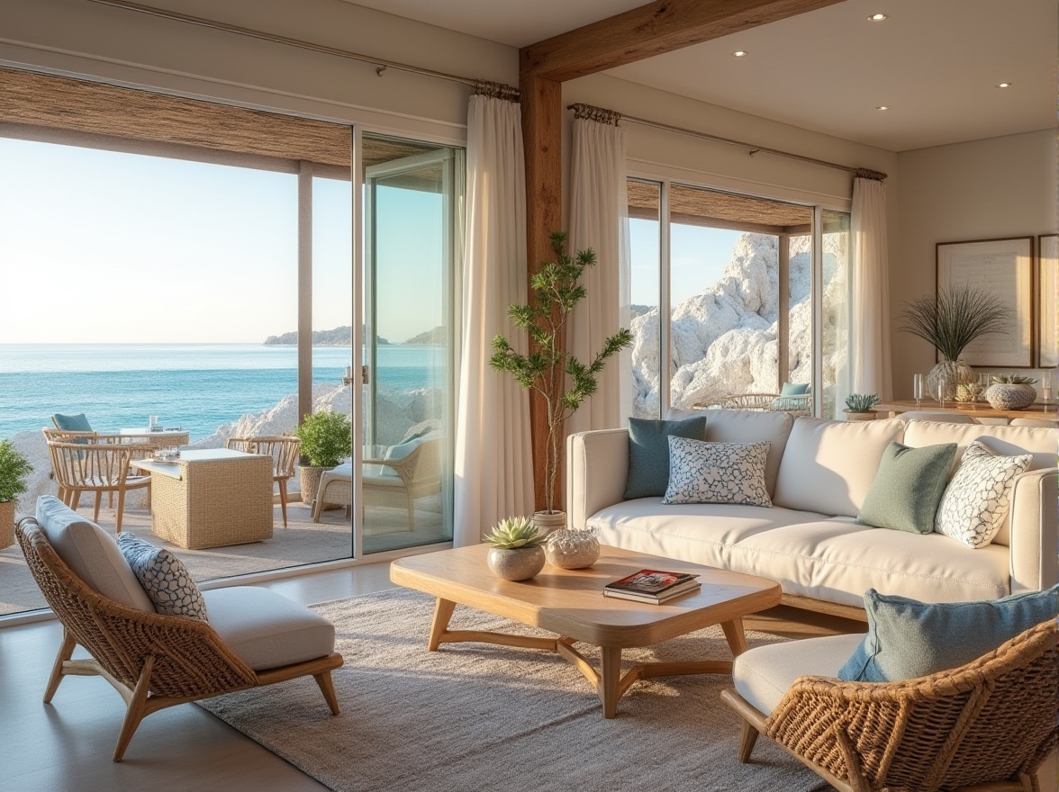 Prompt: Soothing coastal vibes, calming ocean views, natural wood accents, driftwood furniture, woven rattan textiles, creamy whites, soft blues, sea-inspired color palette, open-plan living spaces, floor-to-ceiling windows, sliding glass doors, cozy reading nooks, plush area rugs, beachy decorative accessories, coral-patterned throw pillows, ambient lighting, warm candlelight, 1/2 composition, shallow depth of field, inviting atmosphere, coastal-themed artwork, natural fiber wallcoverings.