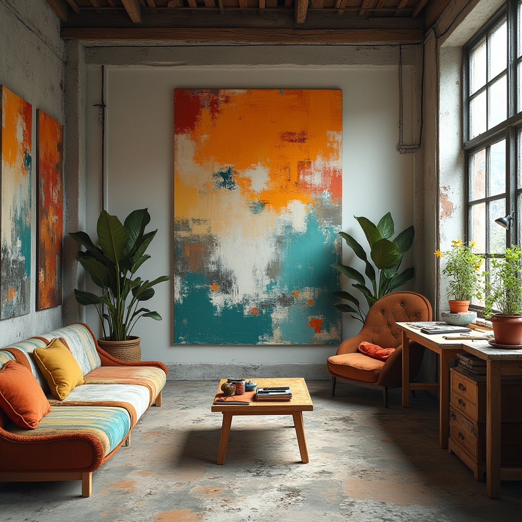 Prompt: Vibrant artistic studio, eclectic mix of colors, bold brushstrokes, textured canvases, abstract expressionism, warm earthy tones, rich turquoise accents, creamy whites, deep charcoal grays, metallic silver highlights, industrial chic decor, reclaimed wood furniture, natural stone flooring, oversized windows, soft diffused lighting, 3/4 composition, atmospheric perspective, realistic color blending.