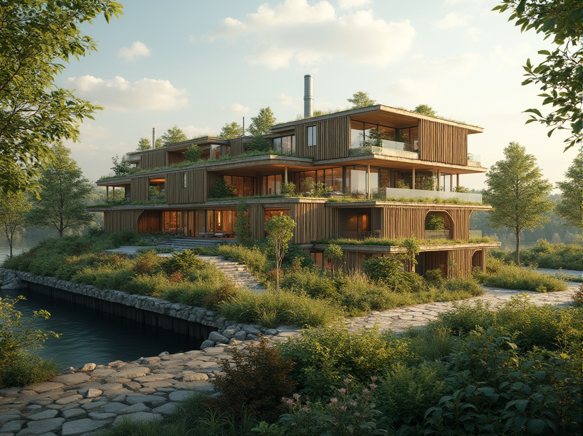 Prompt: Eco-friendly architecture, recycled materials, low-carbon footprint, green roofs, solar panels, wind turbines, rainwater harvesting systems, bamboo structures, reclaimed wood accents, natural ventilation systems, passive design strategies, minimalist aesthetic, industrial chic decor, exposed ductwork, polished concrete floors, abundant natural light, clerestory windows, open floor plans, flexible living spaces, community-focused design, urban renewal projects, revitalized brownfields, thriving wildlife habitats, serene natural surroundings, soft warm lighting, shallow depth of field, 3/4 composition, panoramic view.