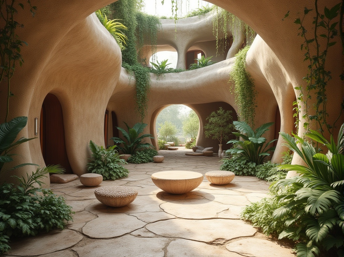 Prompt: Organic shapes, botanical patterns, curved lines, earthy tones, natural materials, reclaimed wood, living walls, green roofs, bio-inspired structures, fluid forms, intricate textures, organic geometries, airy spaces, abundant daylight, soft diffused lighting, minimal ornamentation, seamless transitions, 3/4 composition, realistic renderings, ambient occlusion.